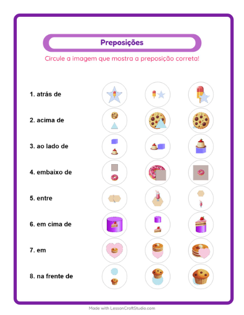 Pré-visualização da ficha de Preposições com Sobremesas e doces para Educação infantil (pré-escola, 5-7 anos)