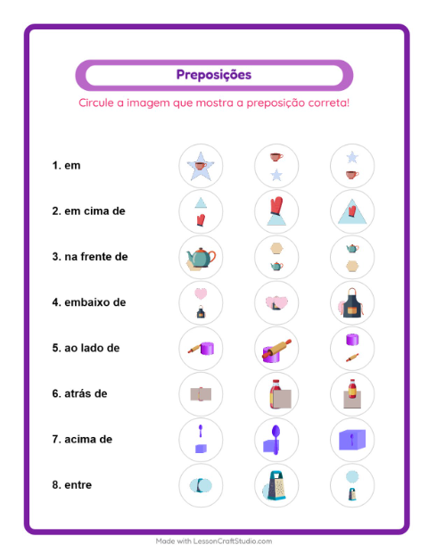 Pré-visualização da ficha de Preposições com Utensílios de cozinha para Educação infantil (pré-escola, 5-7 anos)