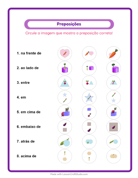 Pré-visualização da ficha de Preposições com Vegetais para Educação infantil (pré-escola, 5-7 anos)