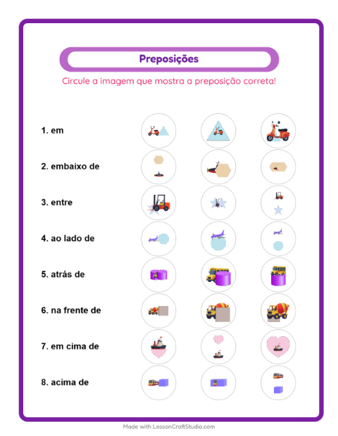 Pré-visualização da ficha de Preposições com Veículos para Educação infantil (pré-escola, 5-7 anos)