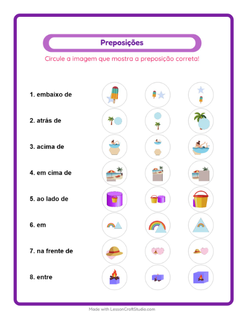 Pré-visualização da ficha de Preposições com Verão para Educação infantil (pré-escola, 5-7 anos)