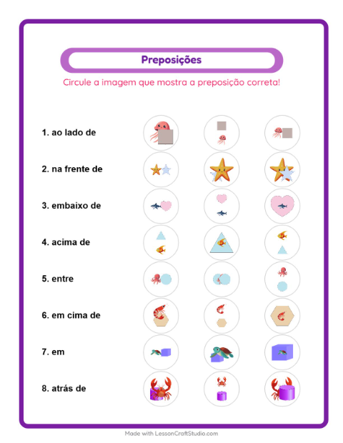 Pré-visualização da ficha de Preposições com Vida marinha para Educação infantil (pré-escola, 5-7 anos)