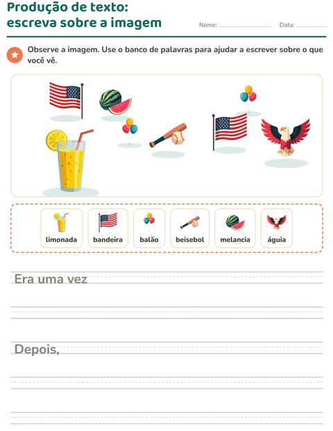 Pré-visualização da ficha de Produção de texto com imagem com 4 de Julho para 2º ano do ensino fundamental