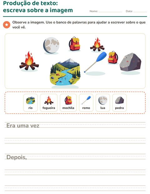 Pré-visualização da ficha de Produção de texto com imagem com Acampamento para 2º ano do ensino fundamental