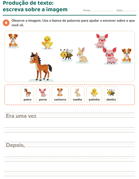 Pré-visualização da ficha de Produção de texto com imagem com Animais da fazenda para 2º ano do ensino fundamental