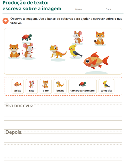 Pré-visualização da ficha de Produção de texto com imagem com Animais de estimação para 2º ano do ensino fundamental