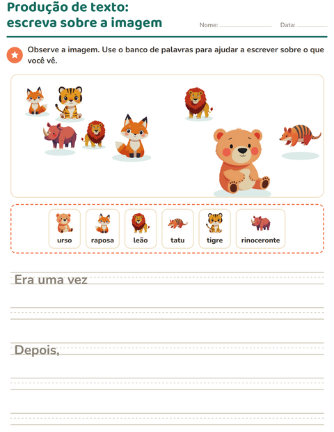 Pré-visualização da ficha de Produção de texto com imagem com Animais do zoológico para 2º ano do ensino fundamental
