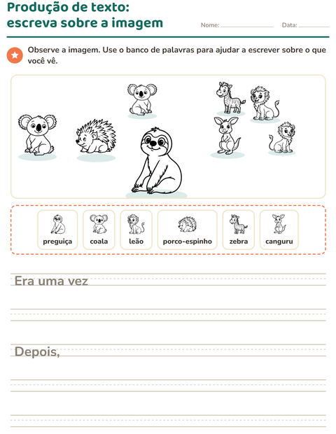 Pré-visualização da ficha de Produção de texto com imagem com Animais do zoológico PB para 2º ano do ensino fundamental