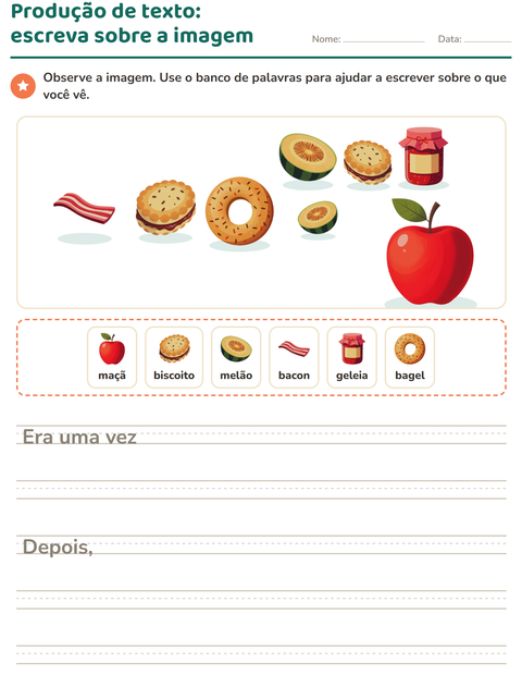 Pré-visualização da ficha de Produção de texto com imagem com Café da manhã para 2º ano do ensino fundamental