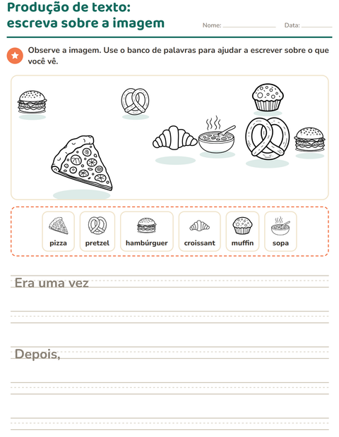 Pré-visualização da ficha de Produção de texto com imagem com Comida PB 2 para 2º ano do ensino fundamental