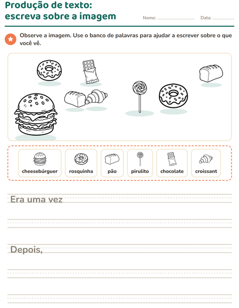 Pré-visualização da ficha de Produção de texto com imagem com Comida PB para 2º ano do ensino fundamental