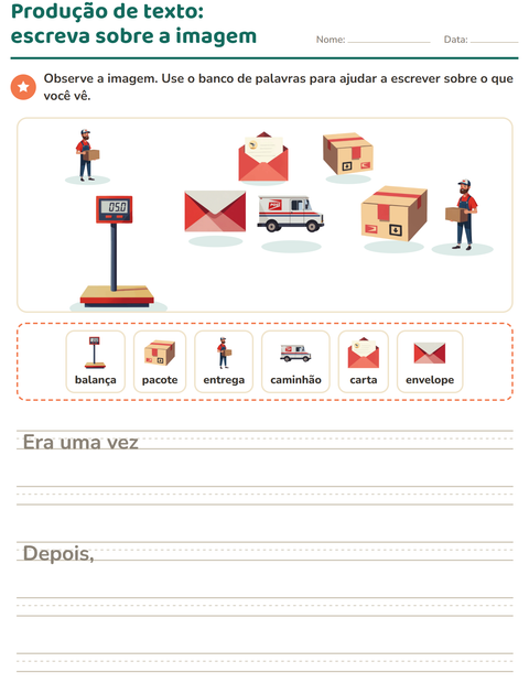 Pré-visualização da ficha de Produção de texto com imagem com Correios para 2º ano do ensino fundamental