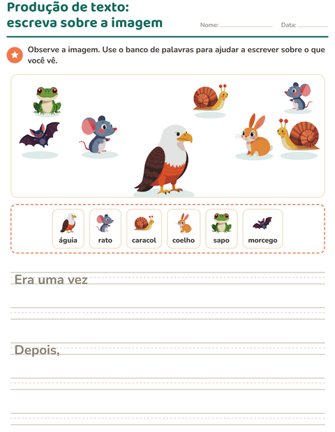 Pré-visualização da ficha de Produção de texto com imagem com Criaturas da floresta para 2º ano do ensino fundamental