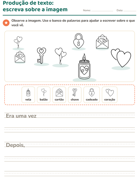 Pré-visualização da ficha de Produção de texto com imagem com Dia dos Namorados PB para 2º ano do ensino fundamental