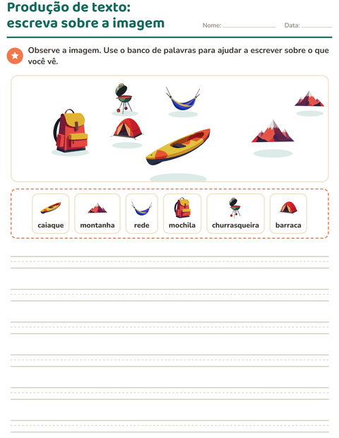 Pré-visualização da ficha de Produção de texto com imagem com Acampamento para 2º ano do ensino fundamental