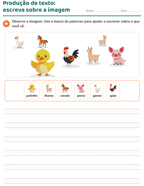 Pré-visualização da ficha de Produção de texto com imagem com Animais da fazenda para 2º ano do ensino fundamental