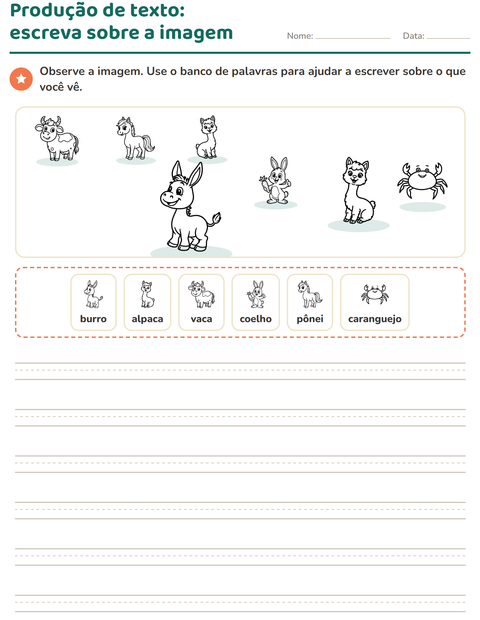 Pré-visualização da ficha de Produção de texto com imagem com Animais da fazenda PB para 2º ano do ensino fundamental