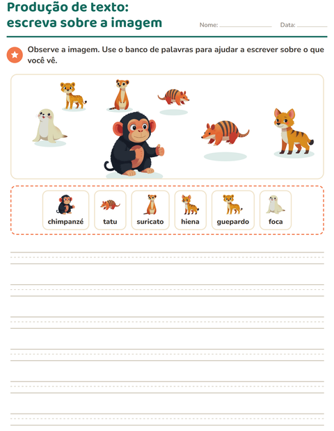 Pré-visualização da ficha de Produção de texto com imagem com Animais do zoológico para 2º ano do ensino fundamental