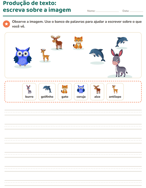 Pré-visualização da ficha de Produção de texto com imagem com Animais para 2º ano do ensino fundamental