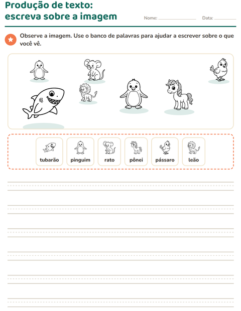 Pré-visualização da ficha de Produção de texto com imagem com Animais PB 5 para 2º ano do ensino fundamental