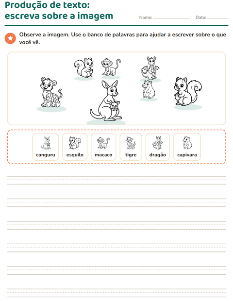 Pré-visualização da ficha de Produção de texto com imagem com Animais PB para 2º ano do ensino fundamental