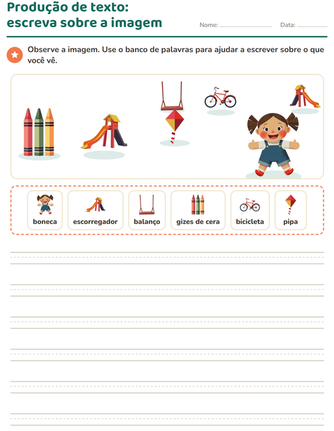 Pré-visualização da ficha de Produção de texto com imagem com Brinquedos para 2º ano do ensino fundamental