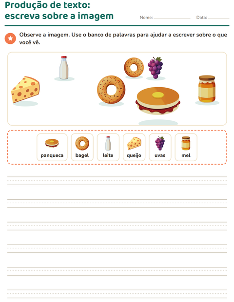 Pré-visualização da ficha de Produção de texto com imagem com Café da manhã para 2º ano do ensino fundamental
