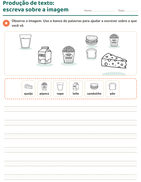 Pré-visualização da ficha de Produção de texto com imagem com Comida PB 3 para 2º ano do ensino fundamental