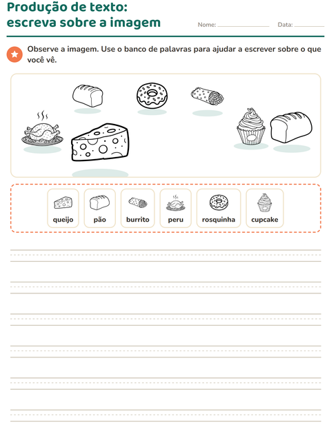 Pré-visualização da ficha de Produção de texto com imagem com Comida PB para 2º ano do ensino fundamental