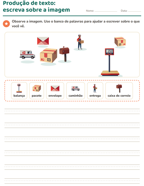 Pré-visualização da ficha de Produção de texto com imagem com Correios para 2º ano do ensino fundamental
