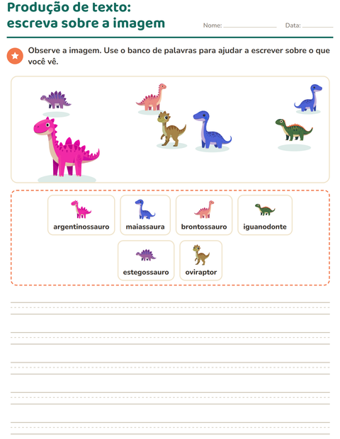 Pré-visualização da ficha de Produção de texto com imagem com Dinossauros para 2º ano do ensino fundamental