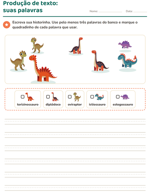 Pré-visualização da ficha de Produção de texto com imagem com Dinossauros para 2º ano do ensino fundamental