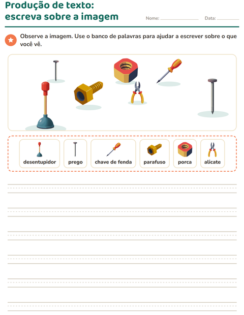 Pré-visualização da ficha de Produção de texto com imagem com Ferramentas para 2º ano do ensino fundamental