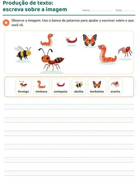 Pré-visualização da ficha de Produção de texto com imagem com Insetos e bichos para 2º ano do ensino fundamental