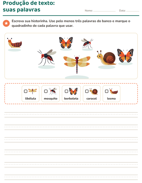 Pré-visualização da ficha de Produção de texto com imagem com Insetos e bichos para 2º ano do ensino fundamental