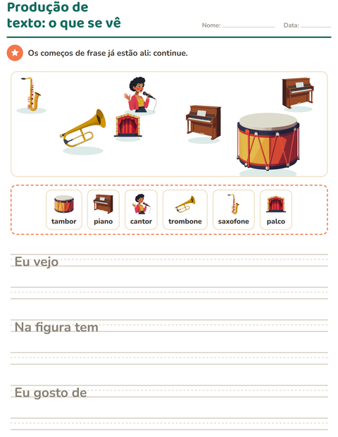 Pré-visualização da ficha de Produção de texto com imagem com Música para 2º ano do ensino fundamental