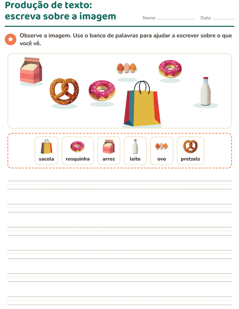 Pré-visualização da ficha de Produção de texto com imagem com No supermercado para 2º ano do ensino fundamental