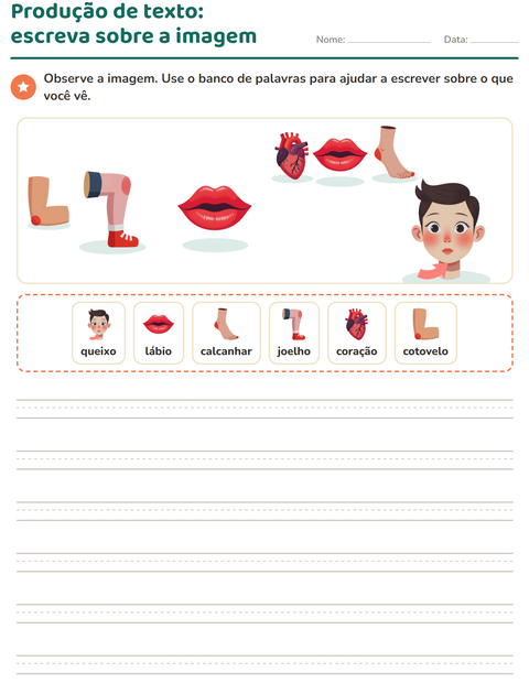 Pré-visualização da ficha de Produção de texto com imagem com Partes do corpo para 2º ano do ensino fundamental