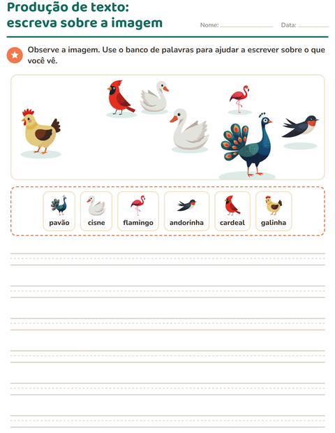 Pré-visualização da ficha de Produção de texto com imagem com Pássaros 2 para 2º ano do ensino fundamental