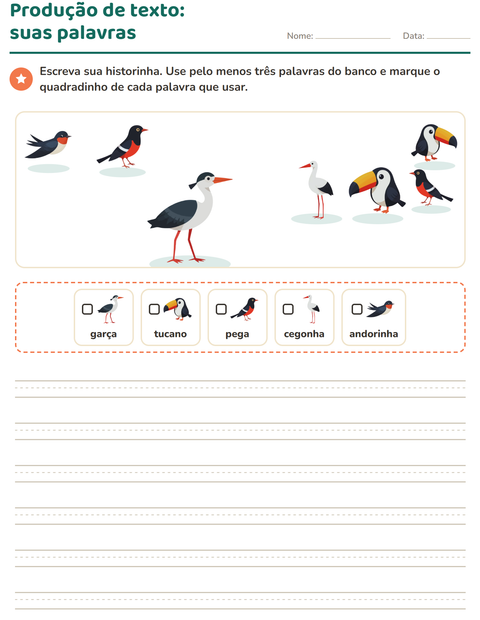 Pré-visualização da ficha de Produção de texto com imagem com Pássaros 2 para 2º ano do ensino fundamental