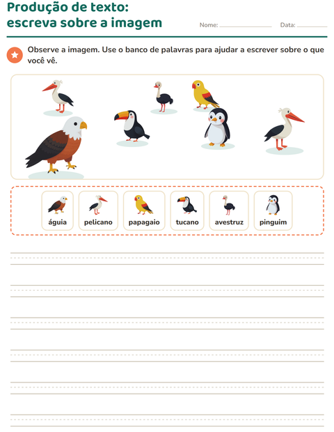 Pré-visualização da ficha de Produção de texto com imagem com Pássaros para 2º ano do ensino fundamental
