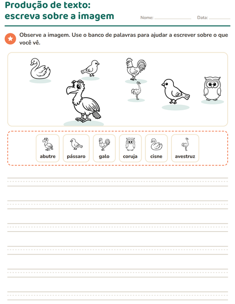 Pré-visualização da ficha de Produção de texto com imagem com Pássaros P&B 2 para 2º ano do ensino fundamental