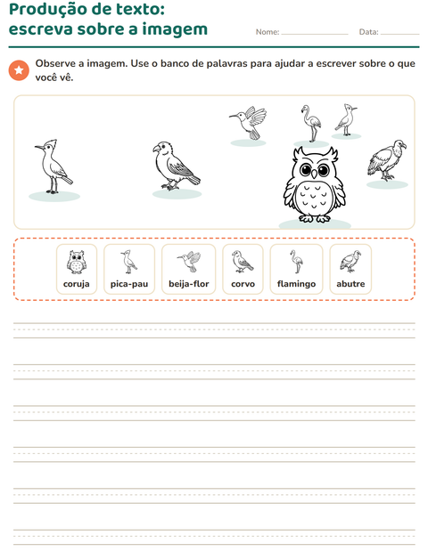 Pré-visualização da ficha de Produção de texto com imagem com Pássaros P&B para 2º ano do ensino fundamental