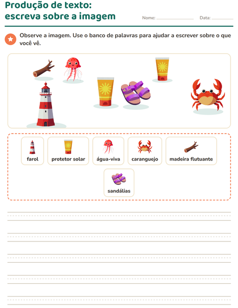 Pré-visualização da ficha de Produção de texto com imagem com Praia para 2º ano do ensino fundamental