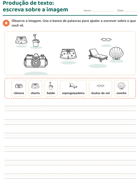 Pré-visualização da ficha de Produção de texto com imagem com Praia PB 2 para 2º ano do ensino fundamental
