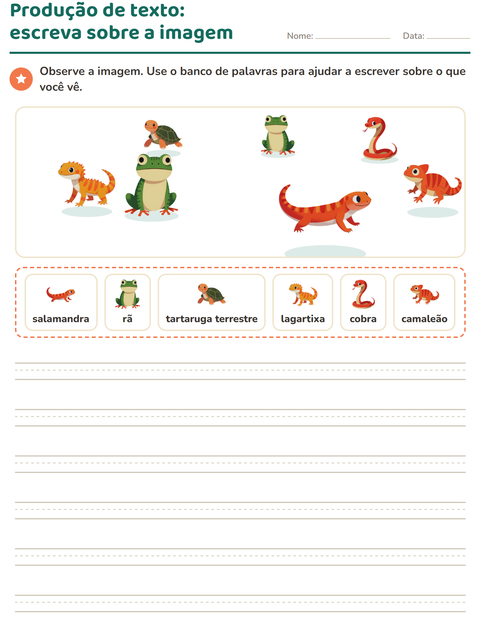 Pré-visualização da ficha de Produção de texto com imagem com Répteis e anfíbios para 2º ano do ensino fundamental