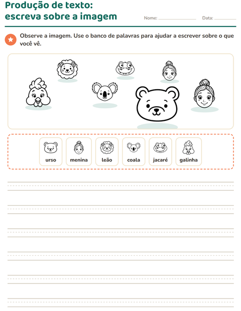 Pré-visualização da ficha de Produção de texto com imagem com Rostos PB para 2º ano do ensino fundamental