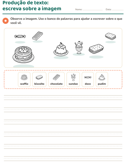 Pré-visualização da ficha de Produção de texto com imagem com Sobremesa (P&B) para 2º ano do ensino fundamental