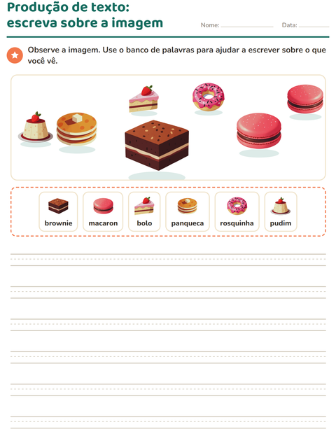 Pré-visualização da ficha de Produção de texto com imagem com Sobremesas e doces para 2º ano do ensino fundamental