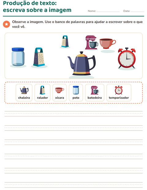 Pré-visualização da ficha de Produção de texto com imagem com Utensílios de cozinha para 2º ano do ensino fundamental